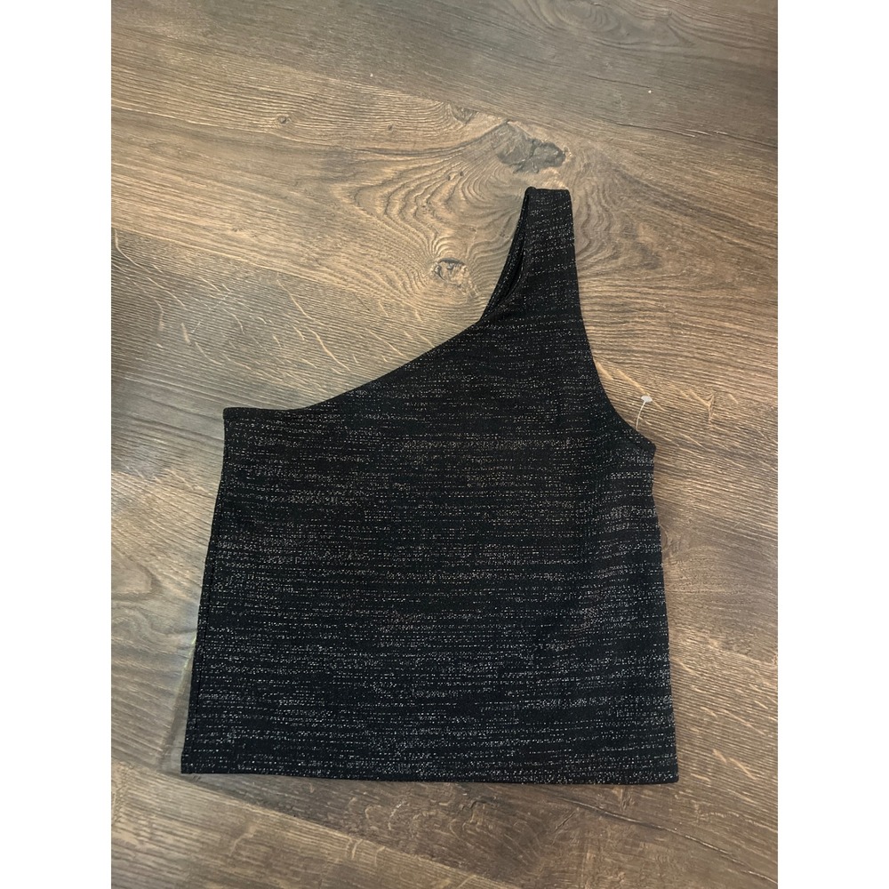 American Eagle Womens One Shoulder Metallic Sparkle Top Black Silver Medium